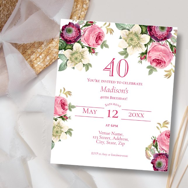 Lámina Invitación a cumpleaños 40 de Budget Magenta Flora (Subido por el creador)