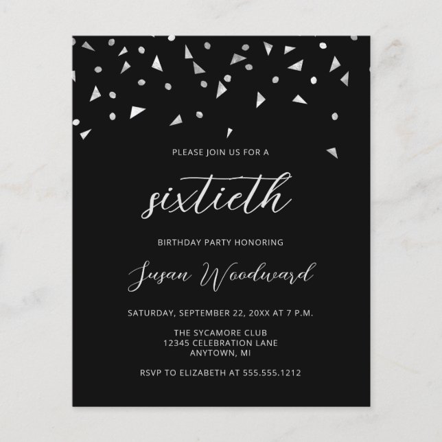 Lámina Invitación a cumpleaños 60 de Budget Black Silver  (Anverso)