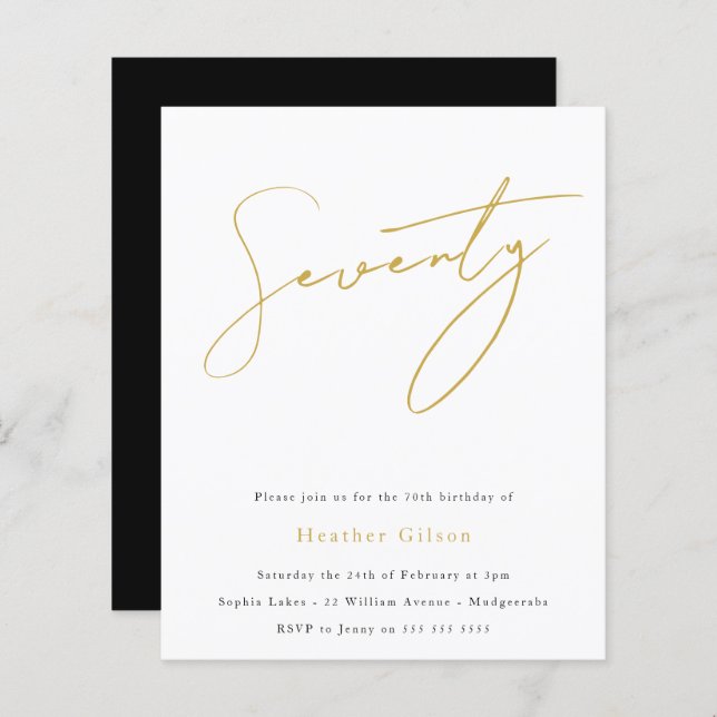 Lámina Invitación a cumpleaños 70 de Black & Gold Script  (Anverso / Reverso)