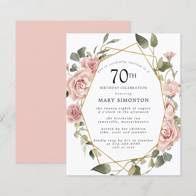 Lámina Invitación a cumpleaños 70 de Budget Pink Floral (Anverso / Reverso)