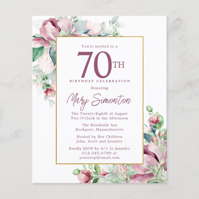 Lámina Invitación a cumpleaños 70 de Budget Pink Floral (Anverso)