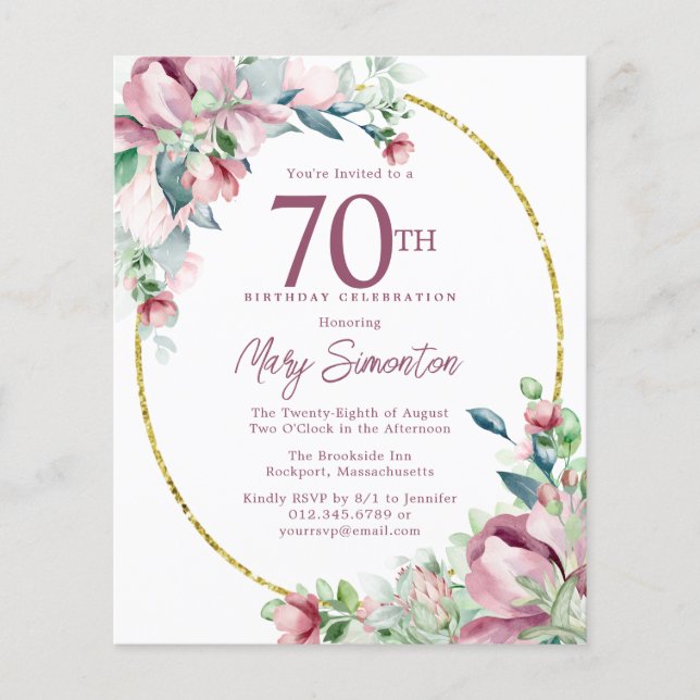 Lámina Invitación a cumpleaños 70 de Budget Pink Floral (Anverso)