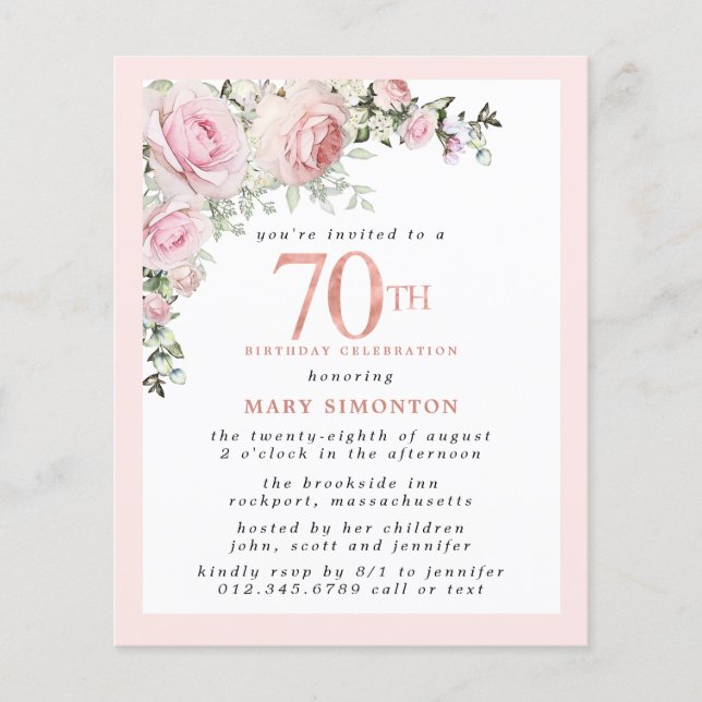 Lámina Invitación a cumpleaños 70 de Budget Pink Floral (Anverso)