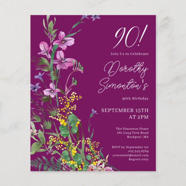 Lámina Invitación a cumpleaños 90 de la floral amarilla m (Anverso)
