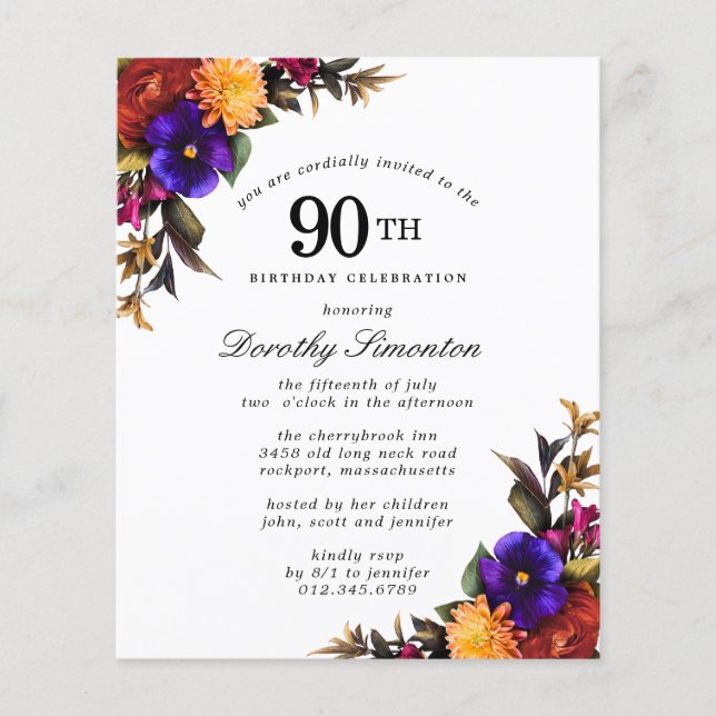Lámina Invitación a cumpleaños 90 de la floral Purple Bur (Anverso)