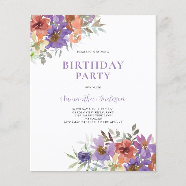 Lámina Invitación a cumpleaños con flores púrpuras de pre (Anverso)