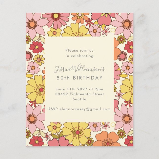 Lámina Invitación a cumpleaños con flores rosas del retro (Anverso)
