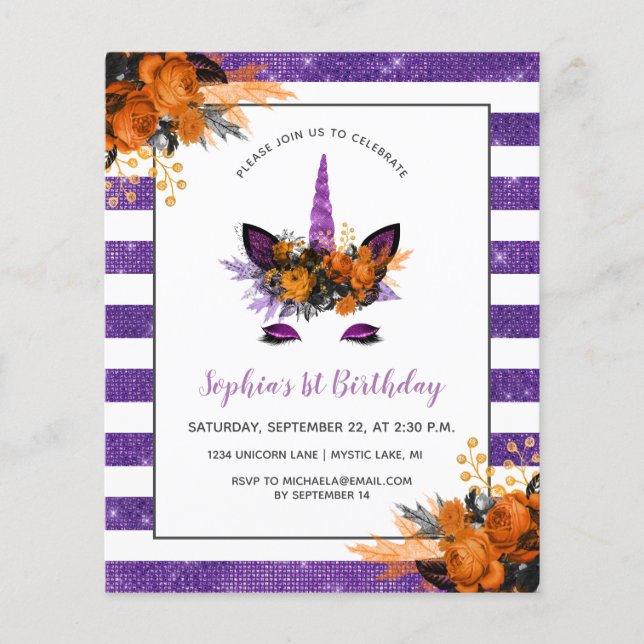 Lámina Invitación a cumpleaños de Unicornio, Purpurina pú (Anverso)