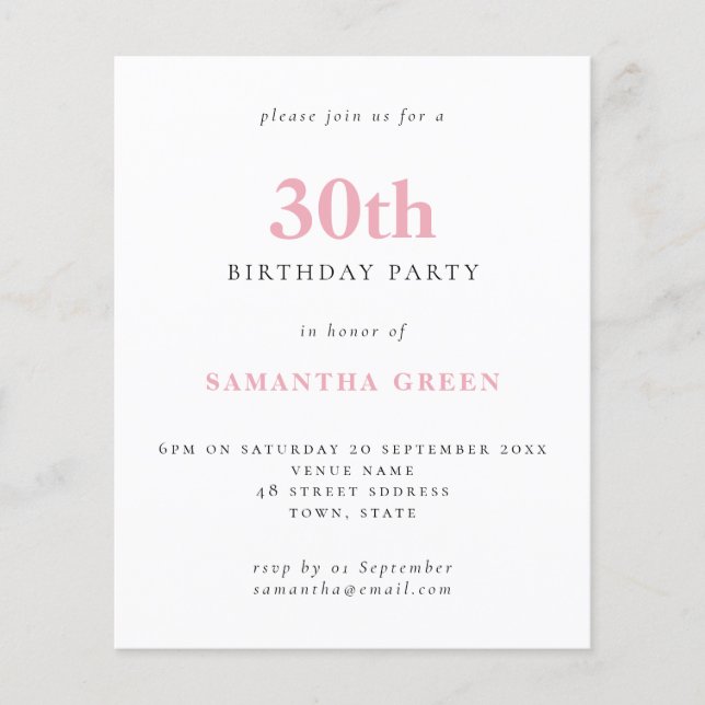 Lámina Invitación a cumpleaños número 30 simple Rubor Pin (Anverso)