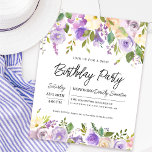 Lámina Invitación a cumpleaños número 60 de Budget Purple<br><div class="desc">Honre a una mujer especial con esta elegante y femenina invitación a la fiesta de cumpleaños. Los detalles de la celebración de cumpleaños están rodeados de bordes florales de color morado superior e inferior. Los elementos florales están enclavados en hojas verdes profundas. Aunque es un diseño tradicional, el follaje y...</div>
