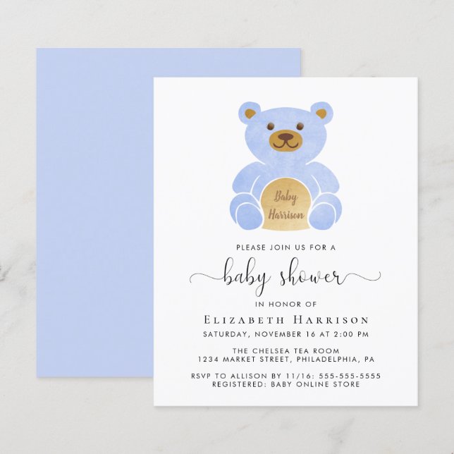 Lámina Invitación a ducha de bebé de Blue Teddy Bear Baby (Anverso / Reverso)