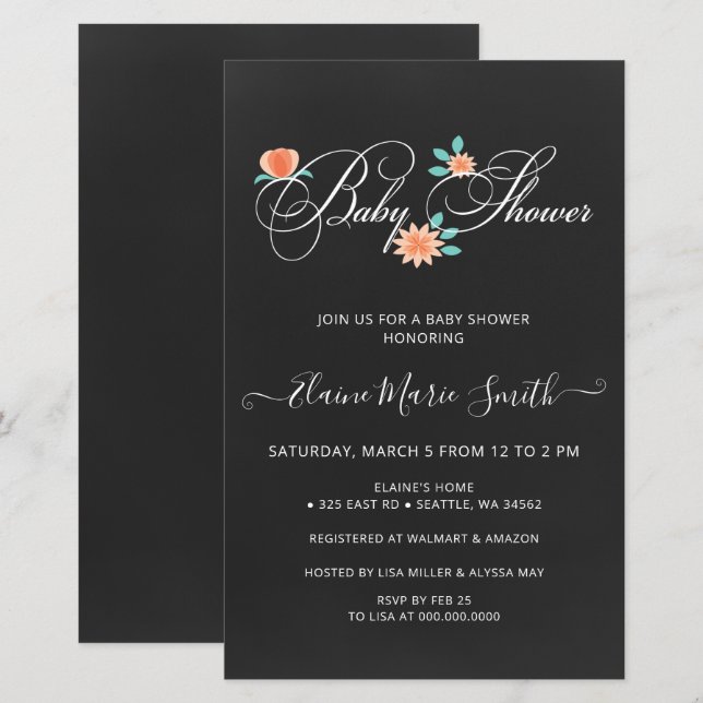 Lámina Invitación a ducha de bebé neutra de género floral (Anverso / Reverso)