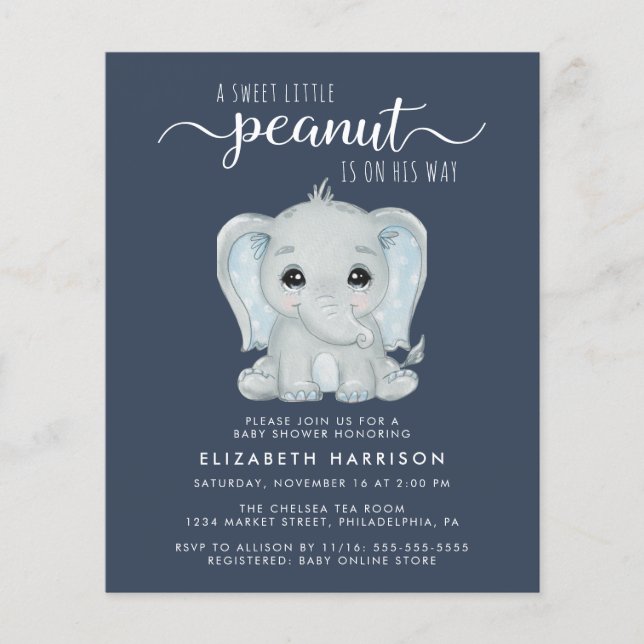 Lámina Invitación a ducha de elefante azul lindo bebé (Anverso)