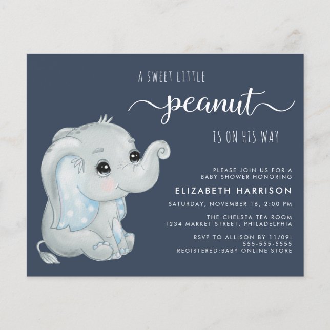 Lámina Invitación a ducha de niño pequeño elefante lindo (Anverso)