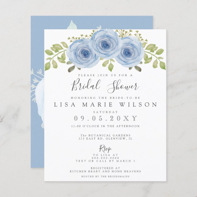 Lámina Invitación a ducha de novia azul agitada con flore (Anverso / Reverso)