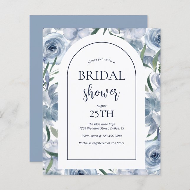 Lámina Invitación a ducha de novia azul agitada con flore (Anverso / Reverso)