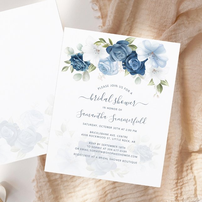 Lámina Invitación a ducha de novia azul agitada con flore (Elegant Floral Dusty Blue Watercolor Script Bridal Shower Invitation)