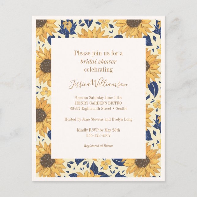 Lámina Invitación a ducha de novia azul amarillo girasol  (Anverso)