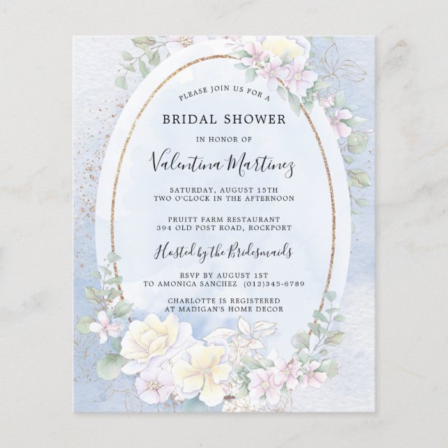 Lámina Invitación a ducha de novia azul floral blanca con (Anverso)