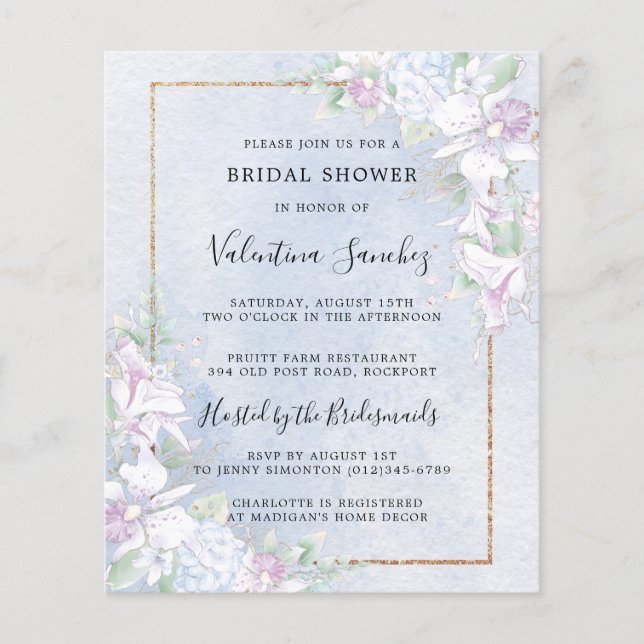 Lámina Invitación a ducha de novia azul para orquídeas bl (Anverso)