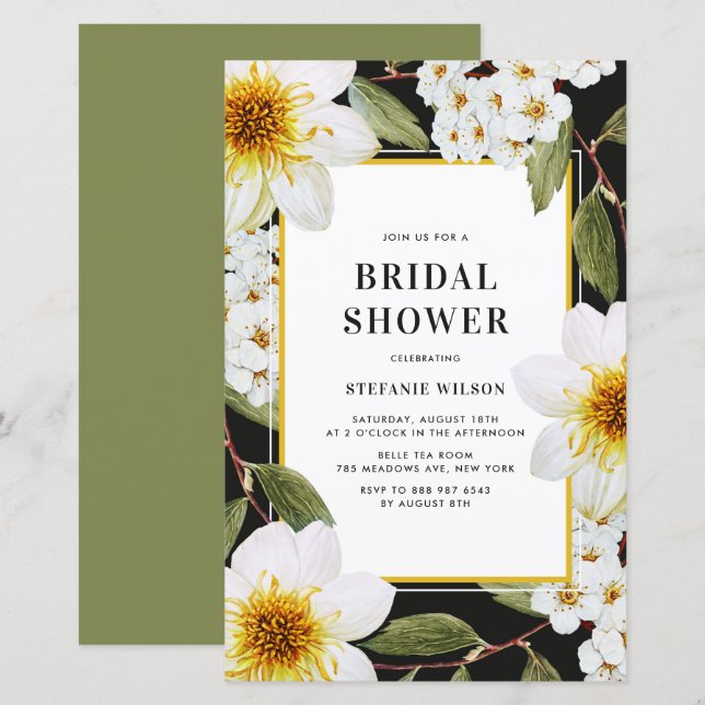 Lámina Invitación a ducha de novia botánica de Dahlia bla (Anverso / Reverso)
