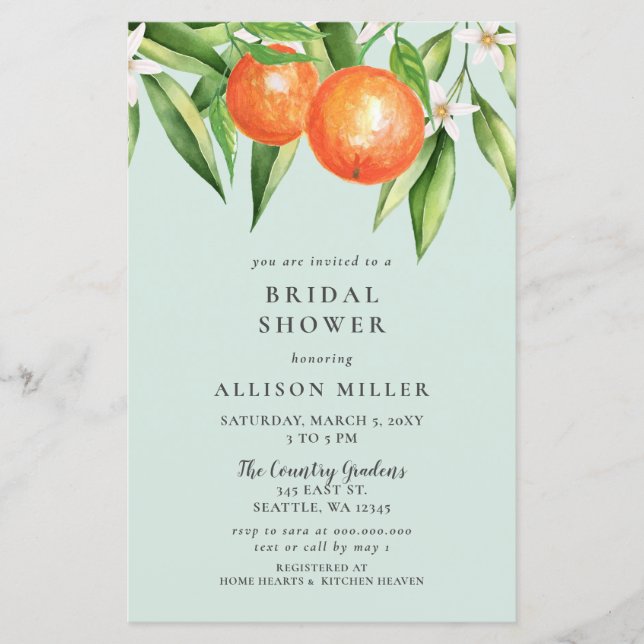 Lámina Invitación a ducha de novia Citrus Naranja de pres (Anverso)