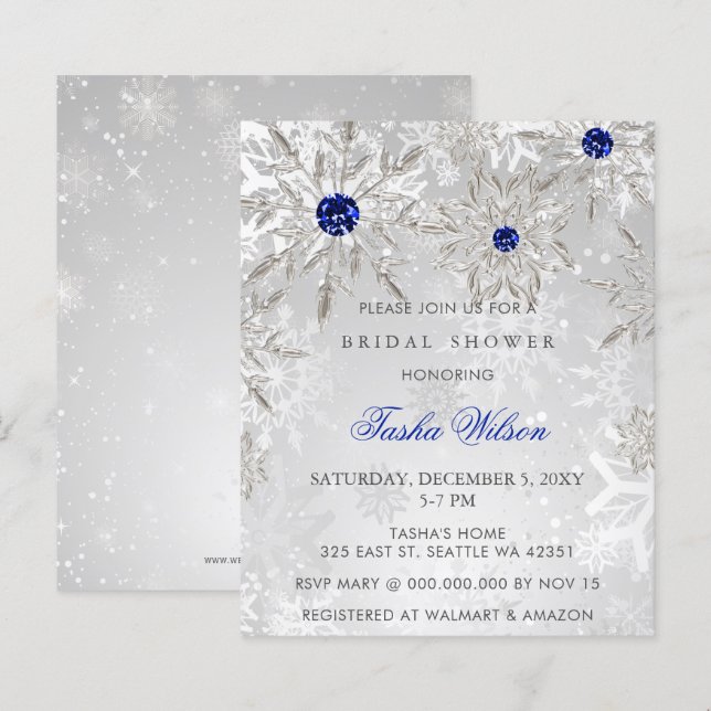 Lámina Invitación a ducha de novia con copo de nieve azul (Anverso / Reverso)