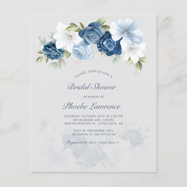 Lámina Invitación a ducha de novia con flores azules de p (Anverso)