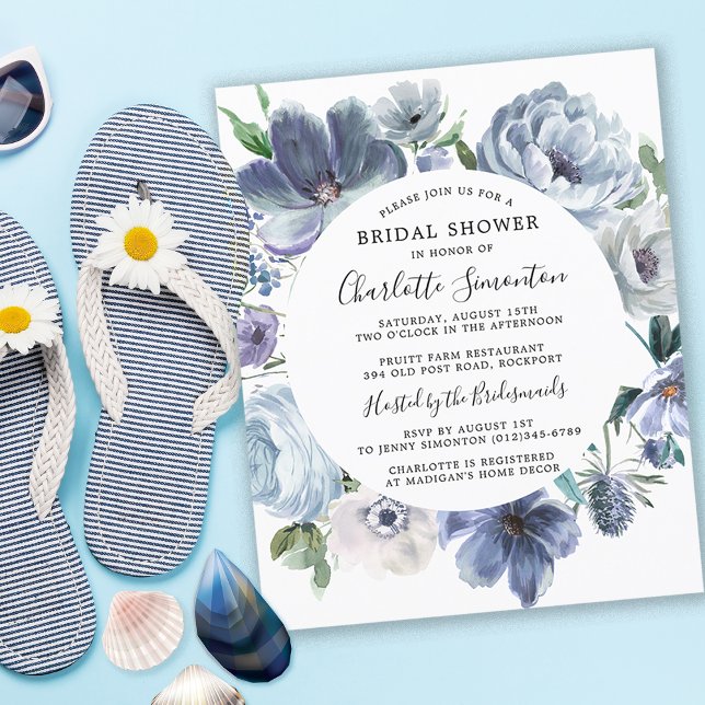 Lámina Invitación a ducha de novia con flores azules en e (Coastal Chic Dusty Blue Bridal Shower Invitation)
