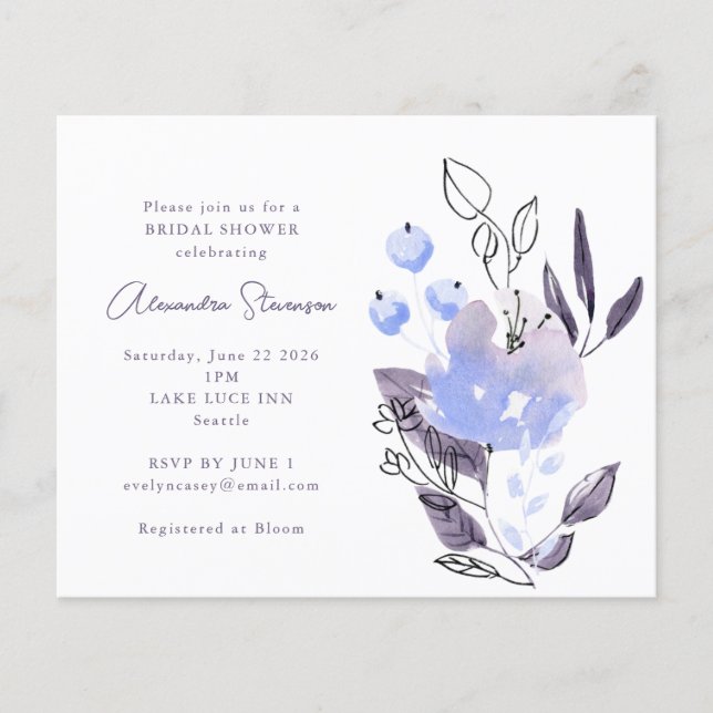 Lámina Invitación a ducha de novia con flores moradas del (Anverso)