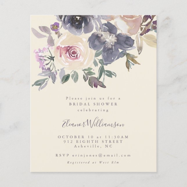 Lámina Invitación a ducha de novia con flores púrpura (Anverso)