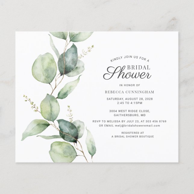 Lámina Invitación a ducha de novia con guión de eucalipto (Anverso)