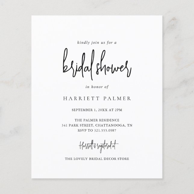 Lámina Invitación a ducha de novia con presupuesto blanco (Anverso)