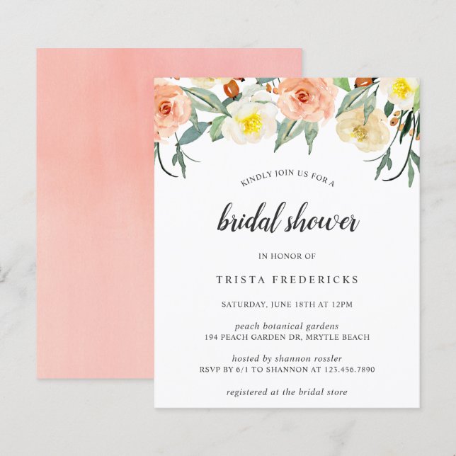 Lámina Invitación a ducha de novia con presupuesto floral (Anverso / Reverso)