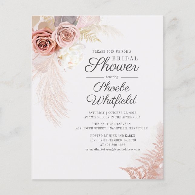 Lámina Invitación a ducha de novia de Budget Pampas Grass (Anverso)