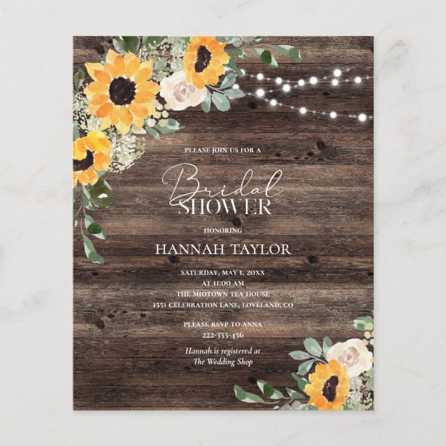 Lámina Invitación a ducha de novia de madera de girasol r (Anverso)