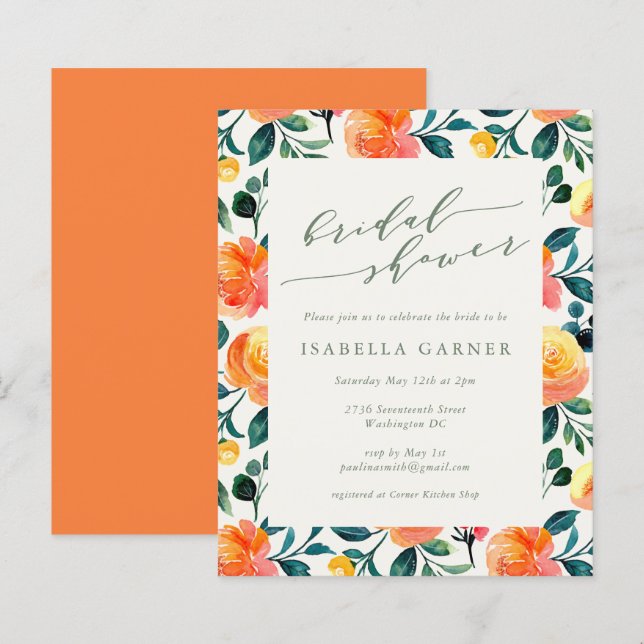 Lámina Invitación a ducha de novia de Naranja de presupue (Anverso / Reverso)