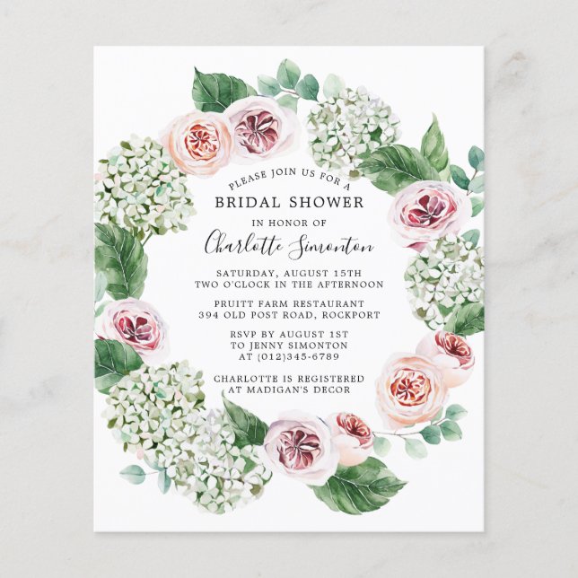 Lámina Invitación a ducha de novia de Rosa de Hidrangea P (Anverso)