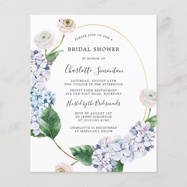 Lámina Invitación a ducha de novia de Rosa de Hidrangea P (Anverso)