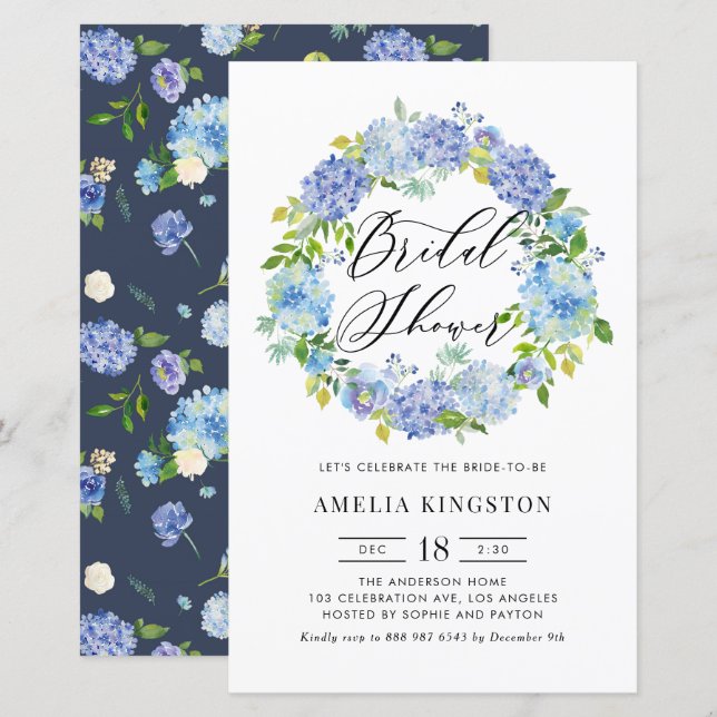 Lámina Invitación a ducha de novia de Wreath Hydrangea Az (Anverso / Reverso)