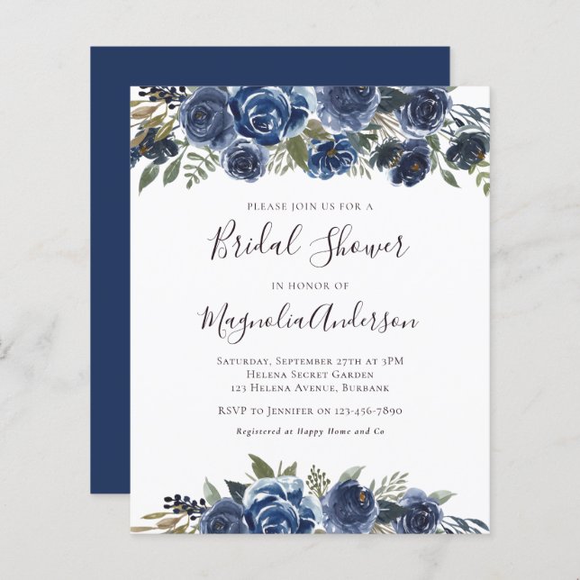 Lámina Invitación a ducha de novia floral azul de presupu (Anverso / Reverso)