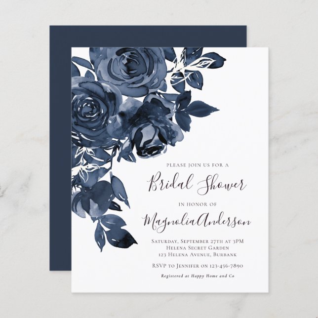 Lámina Invitación a ducha de novia floral azul de presupu (Anverso / Reverso)