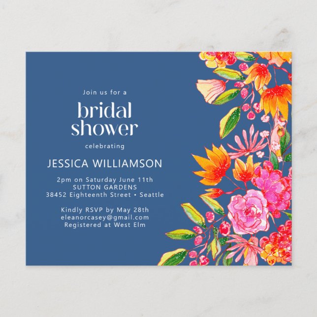 Lámina Invitación a ducha de novia floral azul rosa azul  (Anverso)