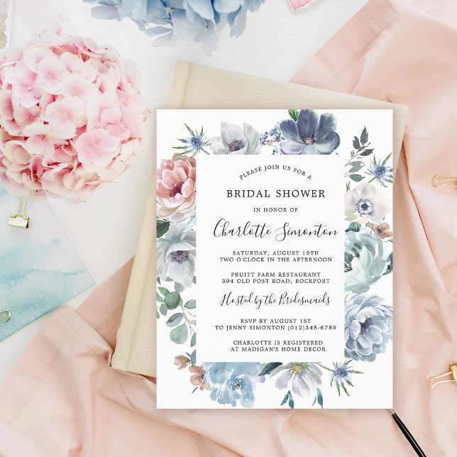 Lámina Invitación a ducha de novia floral azul rosa y tur (Subido por el creador)