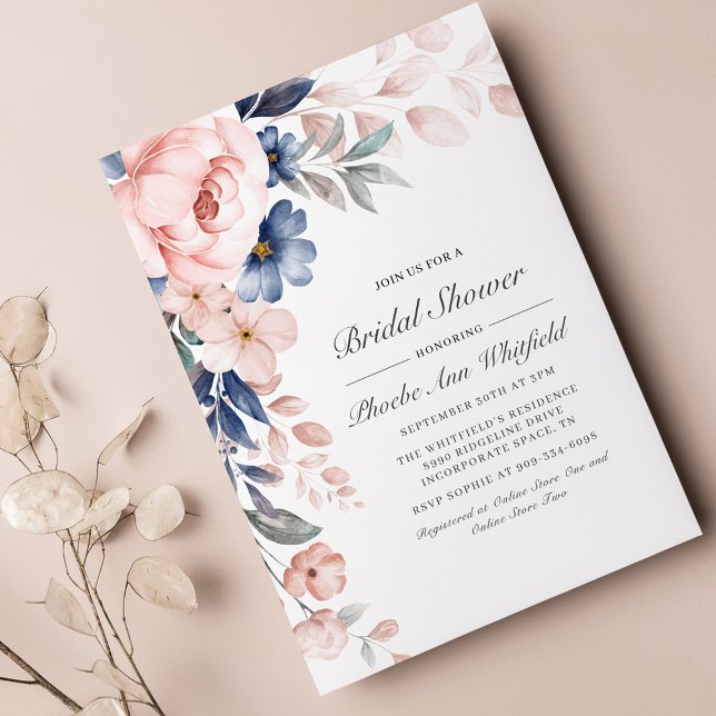 Lámina Invitación a ducha de novia floral azul rosada con (Subido por el creador)
