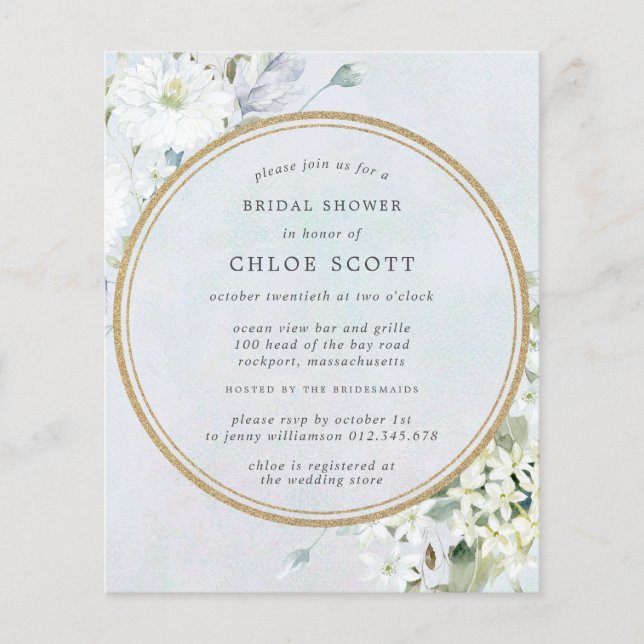 Lámina Invitación a ducha de novia floral blanca con pres (Anverso)