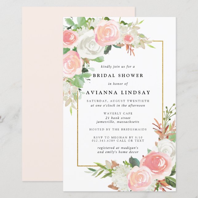Lámina Invitación a ducha de novia floral blanca rosada (Anverso / Reverso)