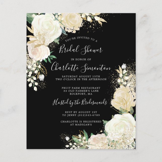 Lámina Invitación a ducha de novia floral blanca y blanca (Anverso)