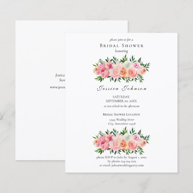 Lámina Invitación a ducha de novia floral blanca y rosa (Anverso / Reverso)