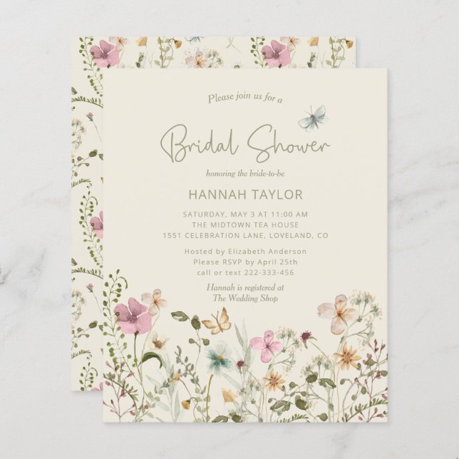 Lámina Invitación a ducha de novia floral con flores silv (Anverso / Reverso)